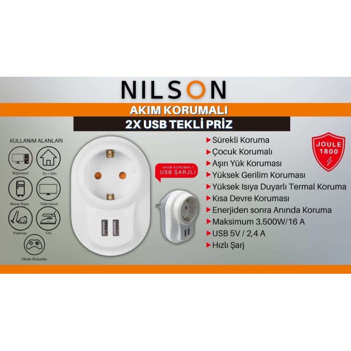 NILSON TEKLİ USBLİ SÜPER KALİTE 6A 1800J AKIM KORUMALI PRİZ