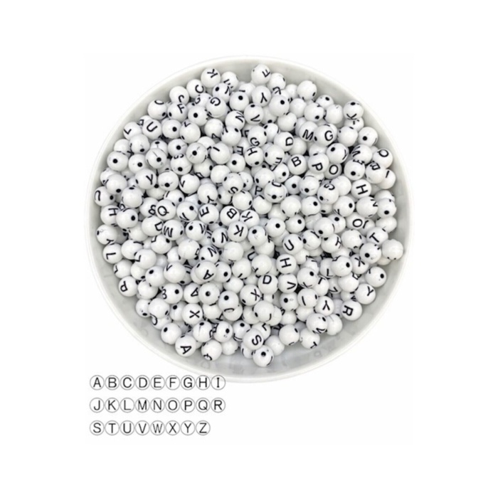 50 gr 8 Mm Yuvarlak Beyaz Zemin Üzeri Siyah Top Harf Boncuk (50 gr ~180 Adet)