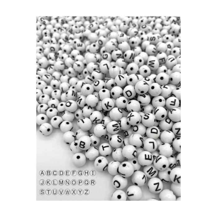 50 gr 8 Mm Yuvarlak Beyaz Zemin Üzeri Siyah Top Harf Boncuk (50 gr ~180 Adet)