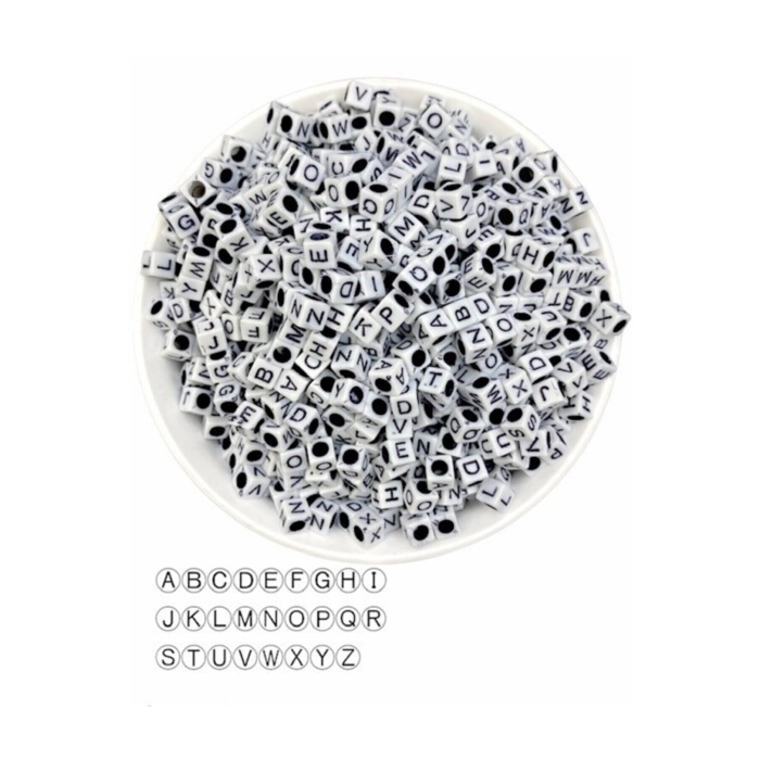 50 gr Harf Boncuk - 6mm Beyaz Üzeri Siyah Küp Harf Boncuk (50 gr~375 Adet)