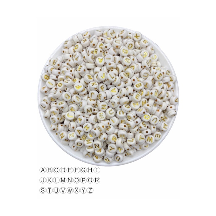 50 gr Harf Boncuk4x7mm Yassı Beyaz Üzeri Gold / Altınsarısı Yaldızlı Harf Boncuk (50 gr~345 Adet)