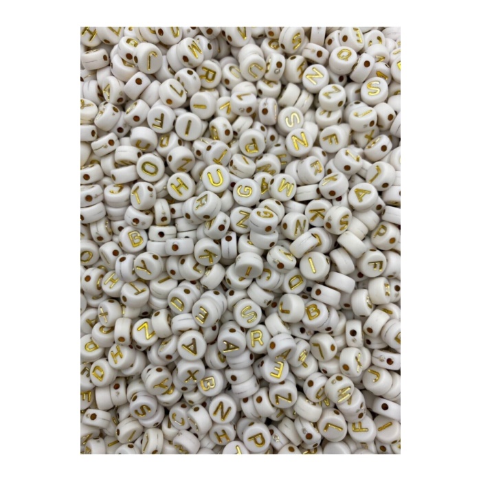 50 gr Harf Boncuk4x7mm Yassı Beyaz Üzeri Gold / Altınsarısı Yaldızlı Harf Boncuk (50 gr~345 Adet)