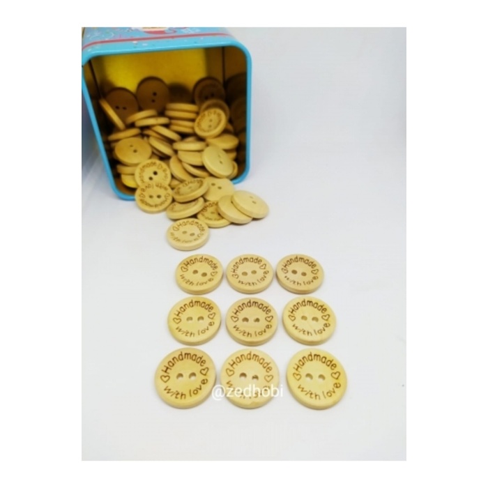 100 Adet 15mm Handmade Yazılı Yuvarlak Ahşap Düğme