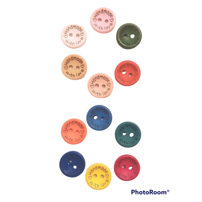 60 Adet 15 Mm Handmade Yazılı Renkli Yuvarlak Ahşap Düğme