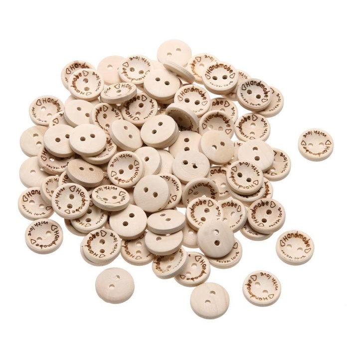 20 Adet Handmade Yazılı 25 mm Yuvarlak Ahşap Düğme