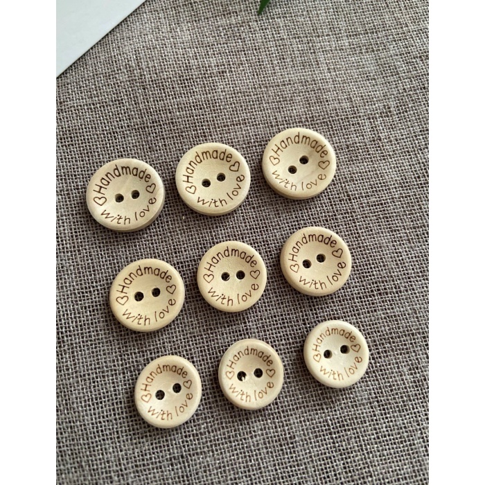 20 Adet Handmade Yazılı 25 mm Yuvarlak Ahşap Düğme
