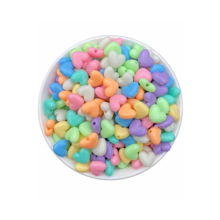 25 Gr 14 Mm Pastel Karışık Renkli Plastik Kalp Model Boncuk takı Yapım Boncuğu (25gr ~38-44 Adet)