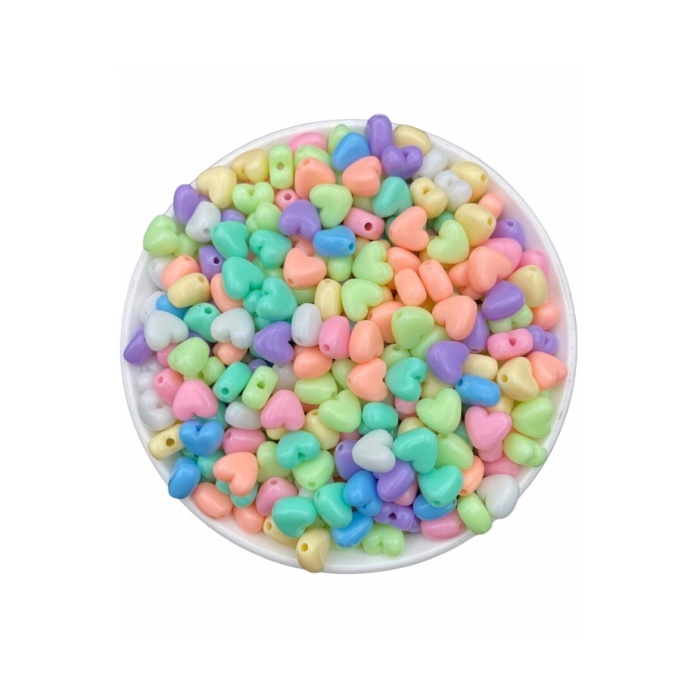25 Gr 8 Mm Pastel Karışık Renkli Plastik Kalp Model Boncuk takı Yapım Boncuğu (25 gr ~60-67 Adet)