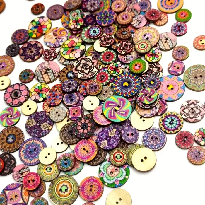 100 Adet 25 Mm Yuvarlak Ahşap Retro Etnik Desen Düğme