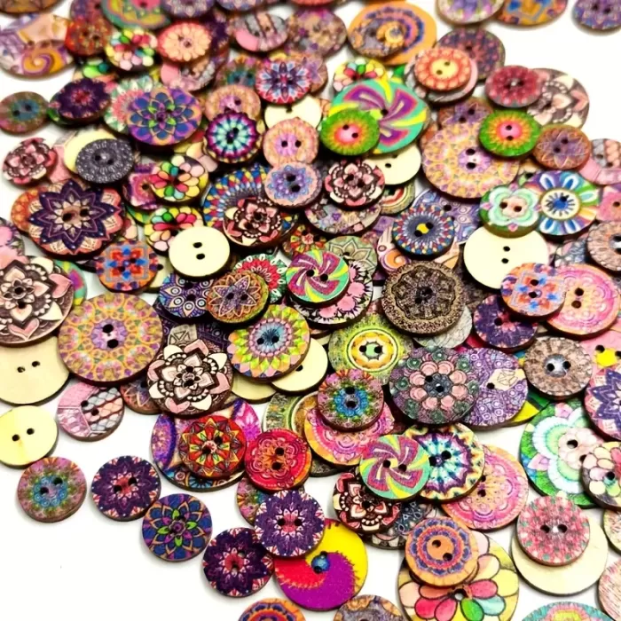 100 Adet 25 Mm Yuvarlak Ahşap Retro Etnik Desen Düğme