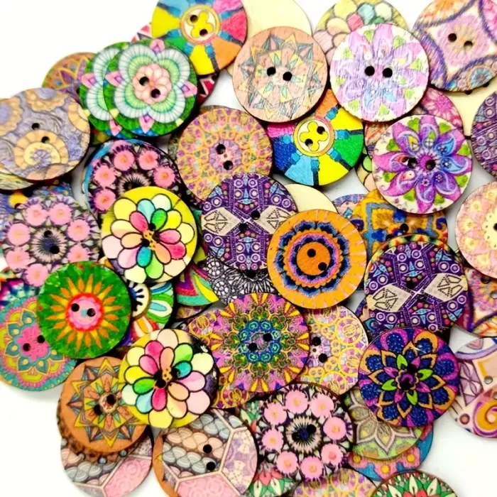 100 Adet 25 Mm Yuvarlak Ahşap Retro Etnik Desen Düğme