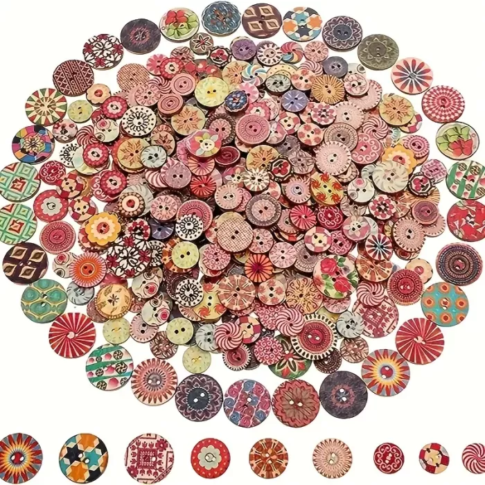 100 Adet 25 Mm Yuvarlak Ahşap Retro Etnik Desen Düğme