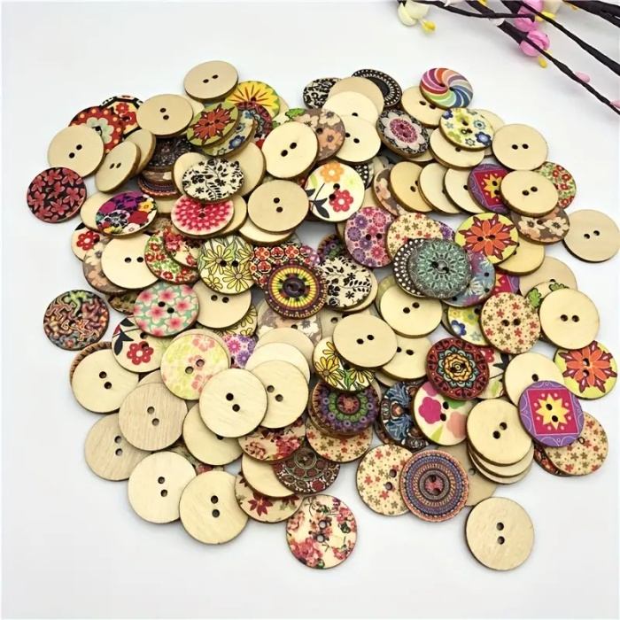 100 Adet 20 Mm Yuvarlak Ahşap Retro Etnik Desen Düğme
