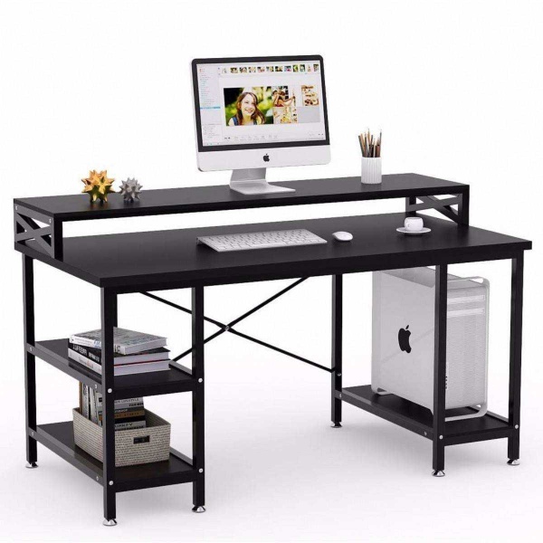 Zizuva Tasarım 95x60x140cm Siyah Ev Ofis Bilgisayar Metal Raflı Çalışma Masası