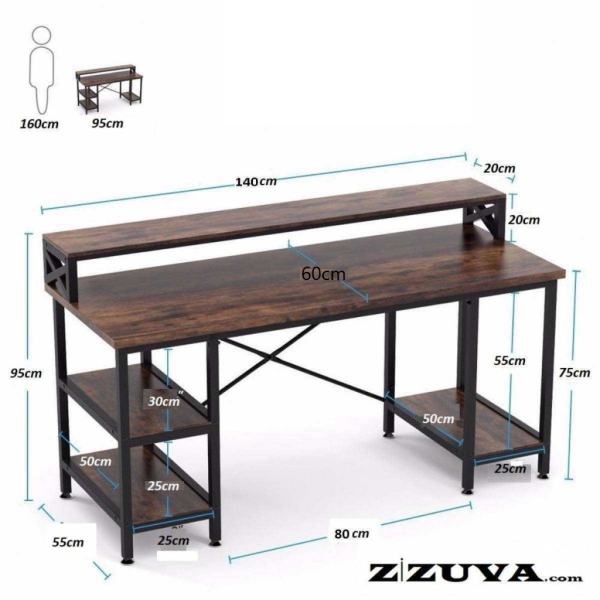 Zizuva Tasarım 95x60x140cm Siyah Ev Ofis Bilgisayar Metal Raflı Çalışma Masası